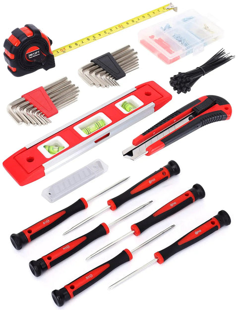 All In One 215 Piece Home Repair Tool Set With 12 Inch Wide Mouth Storage Bag including screwdrivers, level, and tape measure