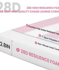 Close-up of 2.8-inch thick 28D resilience foam showing layers of two piece chaise lounge cushion set with head pillow and side pockets.