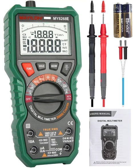 Digital Multimeter With Capacitor Tester For DIYers, TRMS, 20000 Counts, Auto Range, shown with probes and manual.