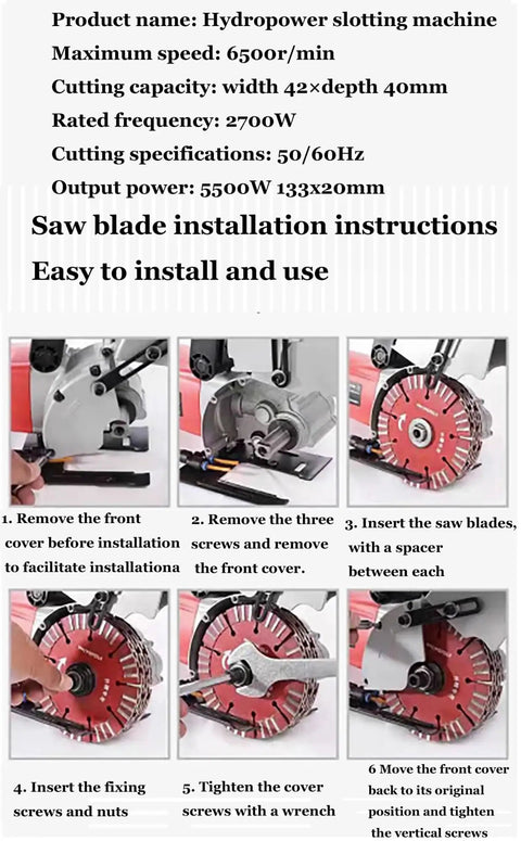 Hydropower slotting machine installation guide with detailed instructions for saw blade fitting and use.