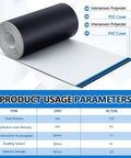 Heavy Duty Black Conveyor Belt 12 Inch Wide 25 Foot Long PVC Fabric Drive Belt showing layers and product usage parameters chart