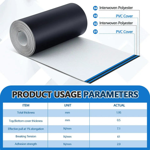 Heavy Duty Black Conveyor Belt 12 Inch Wide 25 Foot Long PVC Fabric Drive Belt showing layers and product usage parameters chart