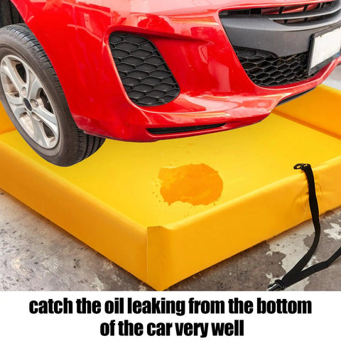 Car parked on Portable Folding Duck Pond 4x4 With Spill Containment Berm Wall, Heavy Duty PVC Coated Polyester, collecting spill