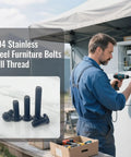 Top Shelf 1/4-20 X 1-1/4 Inch Flat Head Hex Socket Cap Screws, 304 Stainless Steel Black Oxide Finish, Fully Threaded Machine Bolts For Hella Tough Diys And Furniture Builds, 20 Pc Set displayed with a man using a power drill.