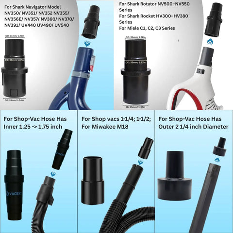 Universal adapter for All-In-One Vacuum Attachment Kit with six must-have tools, shown with various vacuum model fittings.