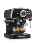 Slide And Lock Espresso Machine With Built In Milk Frother Steam Wand 15 Bar Pump Compact Countertop Coffee Maker Smooth Operator brewing espresso shots.
