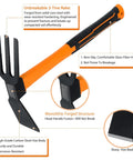 2 Pack Garden Hoes With No Slip Ergonomic Handles Carbon Steel Outdoor Tools Durable 2 Piece Set For Yard Work Weeding And Tilling Includes Safety Covers Bright Orange Finish displayed with product features.
