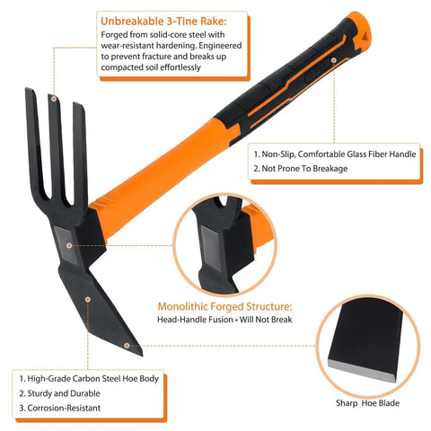 2 Pack Garden Hoes With No Slip Ergonomic Handles Carbon Steel Outdoor Tools Durable 2 Piece Set For Yard Work Weeding And Tilling Includes Safety Covers Bright Orange Finish displayed with product features.