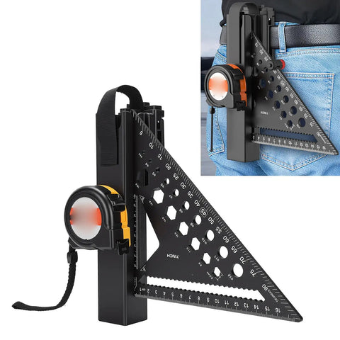 7 Inch Carpenter Square Set With 5 Meter Steel Tape And Belt Loop Aluminum Alloy Rafter Square featuring angle block and clip.