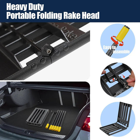 Foldable head design of Heavy Duty Lawn Leveling Rake With 27 Inch Wide Head And 72 Inch Adjustable Handle.