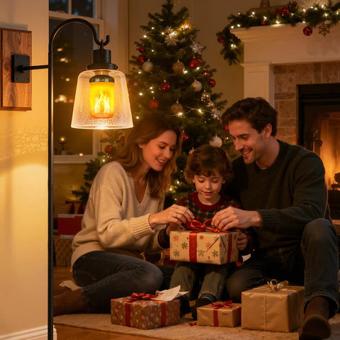 Family opening gifts by Christmas tree with LED Flame Light Bulbs With Four Modes For Outdoor Use E26 Base Realistic Flame Look.