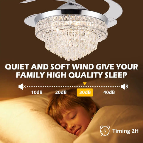 Crystal Ceiling Fan With Light 42 Inch Fandelier Retractable Blades Remote Control Six Speeds Stepless Dimmable Glam Chandelier Fan above sleeping child