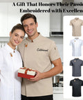 Premium Heavy Duty Cotton Blend Custom Embroidered Short Sleeve Chef Jacket For Cooks in black and beige with gift.