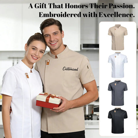 Premium Heavy Duty Cotton Blend Custom Embroidered Short Sleeve Chef Jacket For Cooks in black and beige with gift.