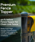 Premium Fence Topper 50 Ft Yellow Chain Link Fence Cover on metal post, highlighting UV-resistant material in close-up.