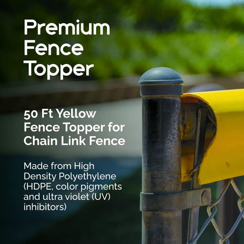 Premium Fence Topper 50 Ft Yellow Chain Link Fence Cover on metal post, highlighting UV-resistant material in close-up.