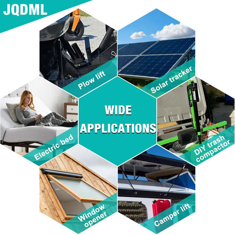 JQDML 24V 6in stroke linear actuator with mounting bracket; collage of uses (plow lift, solar tracker, electric bed)