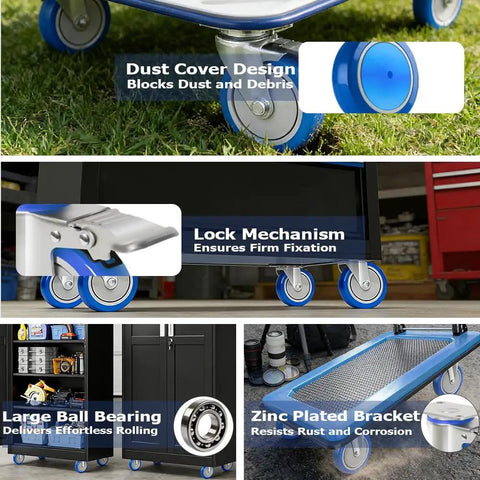 Heavy Duty Four Inch Caster Wheels With Locking Brakes Built Tough features dust cover, lock mechanism, and zinc plated bracket.