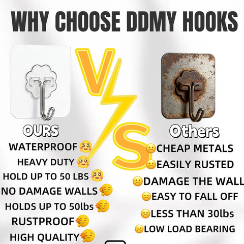 Comparison of 100 Pack Heavy Duty Self Adhesive Hooks 50 Lbs Transparent Reusable Sticky Wall Hooks with a rusted hook, showing advantages like waterproof and heavy duty.