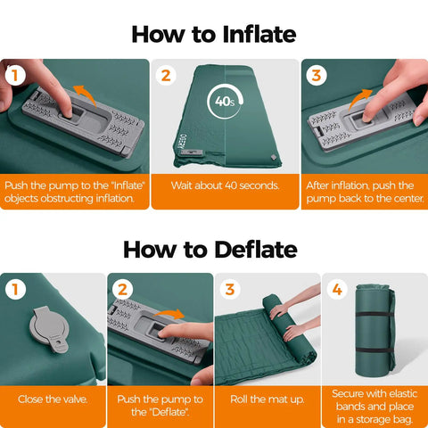 Instructions for inflating and deflating the Self Inflating Sleeping Pad With Electric Pump For No Fuss Quick Setup 3.15 Inch Memory Foam Camping Pad R Value 9.5 Built In Pillow 4 Season Mat For Tent Car Camping And RV with built-in pump.