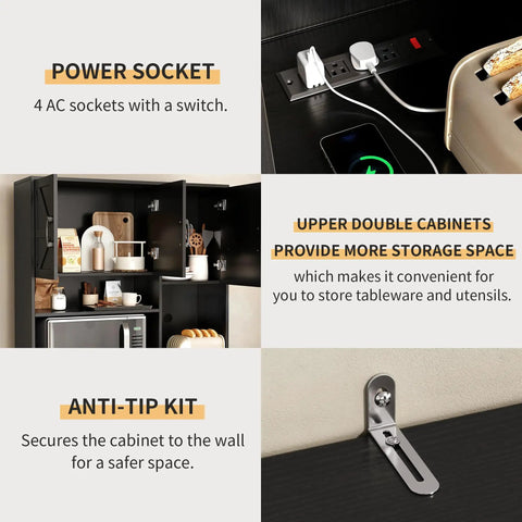 All In One Mini Fridge Cabinet With Storage And Coffee Bar Station, Outlets And Microwave Shelf, Wine And Beverage Stand For Kitchen Dorm Or Office, Black, Ultra Practical And User Friendly - showing power socket, storage cabinets, and anti-tip kit.