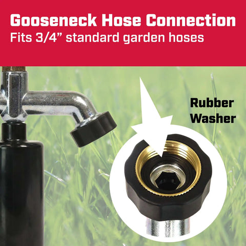 Close-up of gooseneck hose connection on T Post Mounted 360 Degree Impact Sprinkler For Small Gardens And Lawns