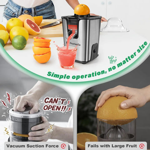 Pramedia Cordless Electric Citrus Juicer 60W Stainless Steel USB-C Rechargeable Orange Squeezer with juice and fresh fruits.