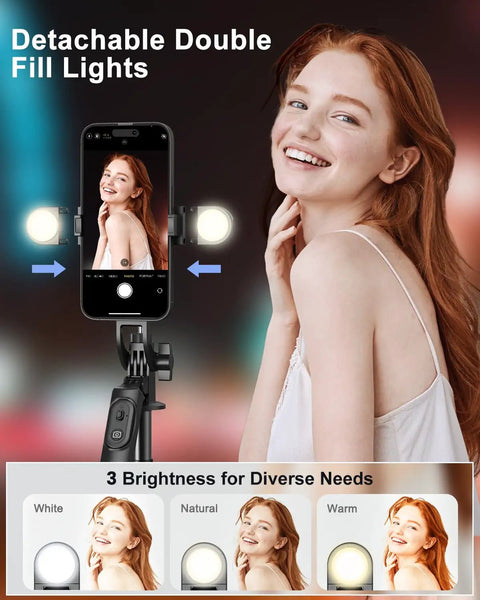 71 Inch Phone Tripod With Fill Light And Rechargeable Remote Aluminum Selfie Stick Stand For iPhone Android Phones Cameras Ring Light GoPro DJI And More showcasing detachable double fill lights.