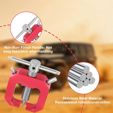 Mini Gear Puller For RC Cars Red Aluminum Pinion Bearing Removal Tool Pro Grade Gear Puller shown with text about materials