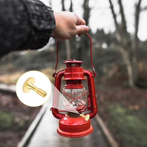 Front view of red lantern held by hand; inset shows brass-colored lamp switch knob replacement (4-pack)