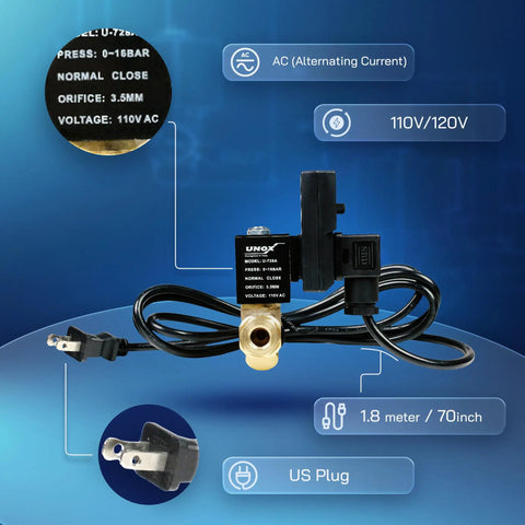 Automatic Timed Tank Drain Valve For Air Compressor with plug and cable, showing specs like 110-120V AC and adjustable features.