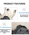 Close-up of Electric Ratcheting Cable Cutter With Cleaning Brush, featuring alloy steel blades and built-in cleaning brush.