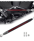 Two Tone Black And Red Anodized Shifter Linkage For Harley 86 Up FL Softail And Touring Adjustable From 11.6 To 13.2 Inches With Two Five Sixteenth Inch Heim Joints Compatible With 86 Up Softail And Touring, mounted on Harley engine