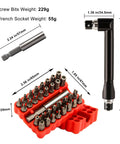 34-Piece Security Bit Set With One-Quarter-Inch Hex Shank For Impact Drivers, bits in red holder and mini wrench, dimensions shown