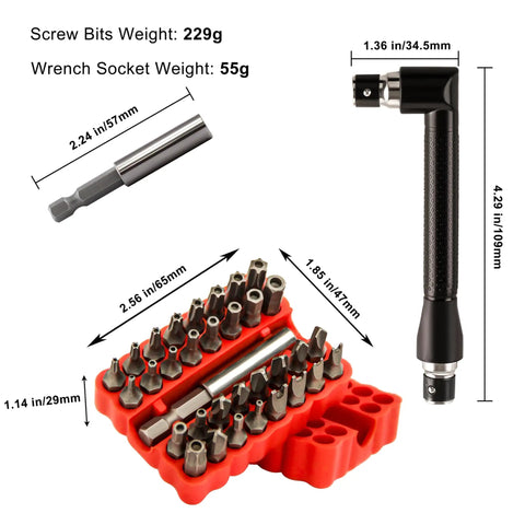 34-Piece Security Bit Set With One-Quarter-Inch Hex Shank For Impact Drivers, bits in red holder and mini wrench, dimensions shown