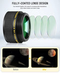 Image showing the F Six Point Three Reducer Corrector for C Series Telescopes with a diagram of lens elements and before-after effects.