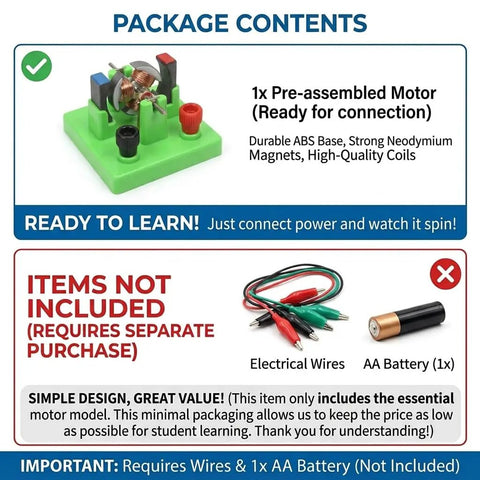 DC Electrical Motor Assembly Kit for STEM Learning Hands On Kids Lab Toy Green ABS base and magnets, wires not included