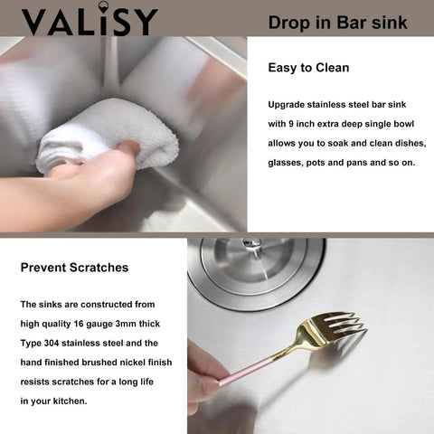 Person cleaning Stainless Steel Bar Sink 15 x 15 Inch Drop In Topmount Workstation Single Bowl Perfect For Kitchen Office Laundry Wet Bar RV Outdoor Yard Prep With Ultra Thick 3mm Rim And 16 Gauge Durability