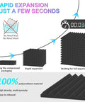 12 Pack Professional Grade Soundproofing Foam Wedges For Walls High Density Polyurethane Acoustic Panels showing rapid expansion process.
