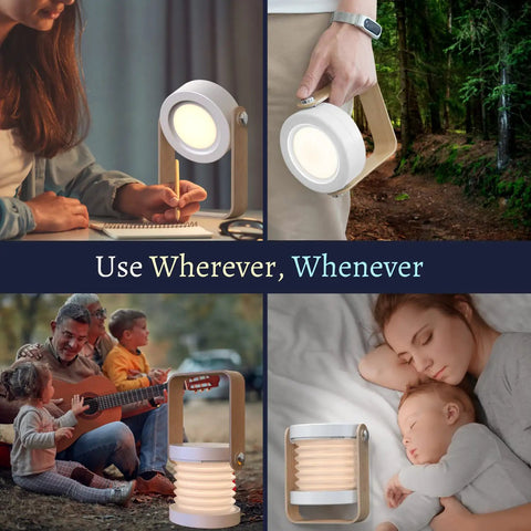 Grab And Go Rechargeable LED Lantern With 2000mAh Battery shown in various settings including camping, bedroom, and living room.