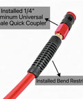 Detail view of 3/8 Inch By 100 Ft Heavy Duty Hybrid Air Compressor Hose showing aluminum quick coupler and bend restrictor.
