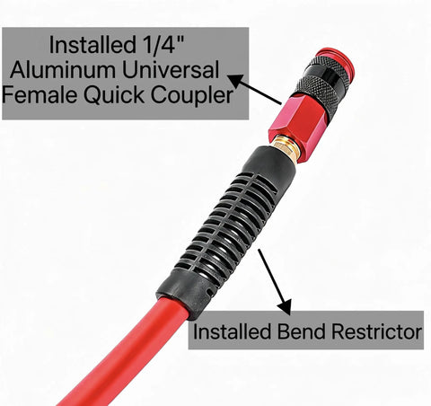 Detail view of 3/8 Inch By 100 Ft Heavy Duty Hybrid Air Compressor Hose showing aluminum quick coupler and bend restrictor.