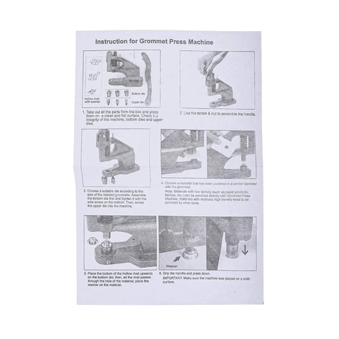 Instructions for Pro Grade Heavy Duty Hand Press Grommet Machine With Three Dies One Quarter Inch Three Eighths Inch One Half Inch