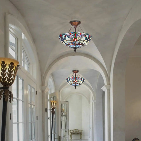Tiffany Style Stained Glass Ceiling Light Fixture 16 Inch Shade Light Blue Victorian Ceiling Lamp For Your Cozy Home Space