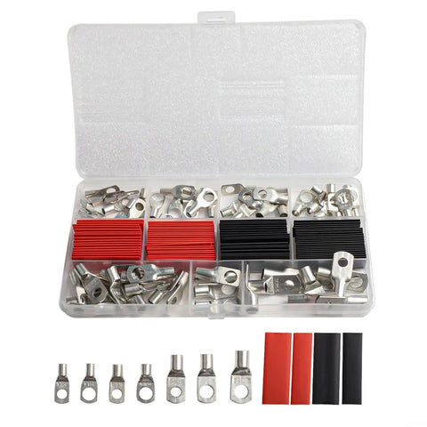 Premium 140 Pc For SC Cable Lug Set With Shrink Tubing Heavy Duty Terminal Kit Perfect for Battery And Solar Jobs That Will Not Let You Down. Open case with metal cable lugs and red black heat shrink tubing
