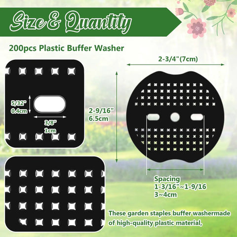 200 Pcs Landscape Staple Gasket Washers For Weed Barrier Fabric Lawn And Garden Yard Tents Black Sized At About Two Point Seven Six By Two Point Five Six Inches With Center Hole For Universal Fit Weatherproof Outdoor Use.
