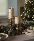 Birch Bark Wrapped Flameless Pillar Candle With Real Moving Flame LED, indoor tabletop setting, holiday decor