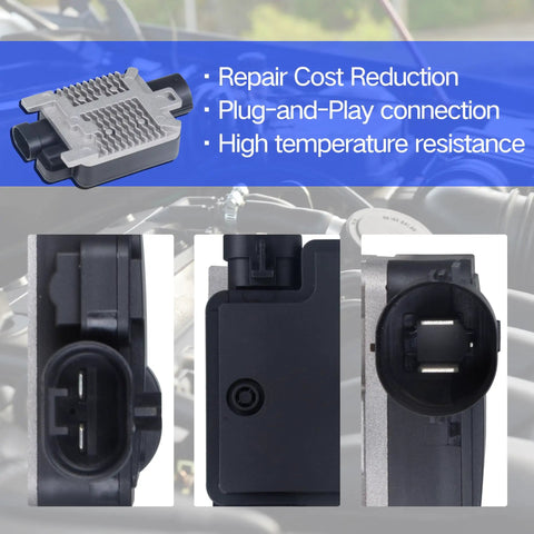 Engine Cooling Fan Control Module For Ford Flex 3.5L Edge 2.0L 3.5L 3.7L Crown Victoria 4.6L Lincoln MKX 3.5L 3.7L Town Car 4.6L Mercury Grand Marquis Direct Fit Plug And Play OE Replacement showing features and plug connections