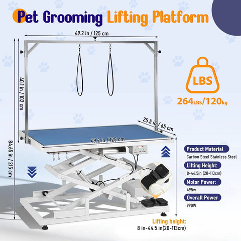 Huge Heavy Duty Electric Pet Grooming Lift Table With Double Scissor Blue Top, showing adjustable height up to 44 inches for large pets.