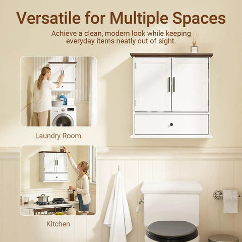 Over The Toilet Bathroom Wall Cabinet With Drawer And Adjustable Shelves Floating Medicine Cabinet Organizer For Small Bathrooms Dual Doors White And Brown Space Saver Storage Easy To Install